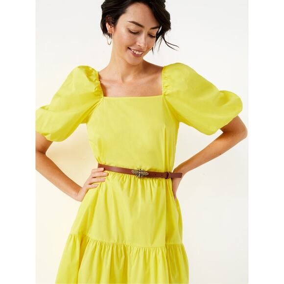 C. Wonder Women's Yellow Half Puff Sleeve Square Neck Tiered A Line Mini Dress M - Picture 5 of 5